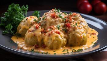 Homemade Chinese dumplings, steamed and fried, served with sauce photo