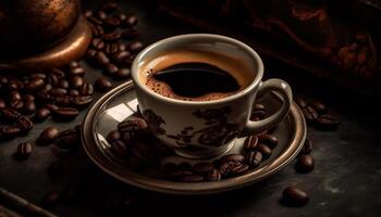 Freshly brewed coffee in rustic wooden cup on burlap table photo