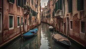 Gondolier fastening multi colored gondola to waterfront, illuminated by lanterns photo