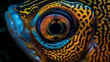 vibrante colores de un tropical pescado ojo en extremo cerca arriba generativo ai foto