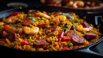 recién cocido paella con mariscos, carne, y verduras, Listo a comer generativo ai foto