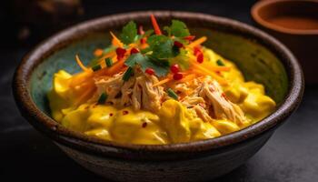 Gourmet meat bowl with guacamole, cilantro, and fresh vegetables cooked spicy photo