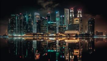 iluminado horizonte refleja en agua, exhibiendo moderno ciudad arquitectura generativo ai foto