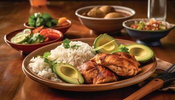 Grilled chicken fillet with steamed vegetables on rustic crockery plate photo