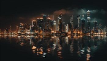 Illuminated city skyline reflects on waterfront at dusk, a futuristic landscape photo