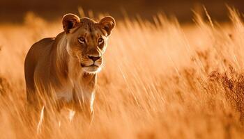 Majestic lioness in the savannah, looking alert at dawn photo