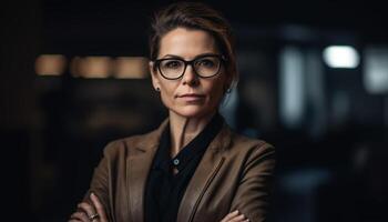 Confident young businesswoman in office, smiling and looking at camera photo