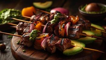 A la parrilla ensartado carne y verduras, un gastrónomo verano aperitivo generativo ai foto