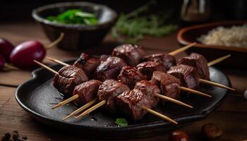 A la parrilla brochetas de marinado Cerdo y carne de res, un gastrónomo comida generativo ai foto