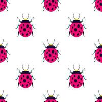 Pink and cute ladybugs on the white background. Seamless pattern with cartoon elements. Polka dot summer background. vector