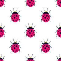 Pink and cute ladybugs on the white background. Seamless pattern with cartoon elements. Polka dot summer background. vector