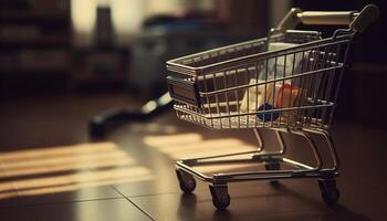 Healthy groceries on sale, customer pushing cart in supermarket aisle photo