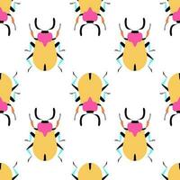 Yellow beetles on the white background. Seamless pattern with cartoon elements. vector