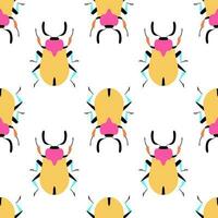 Yellow beetles on the white background. Seamless pattern with cartoon elements. vector