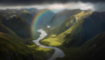 Majestic mountain range, rainbow, and beauty in nature landscape photo
