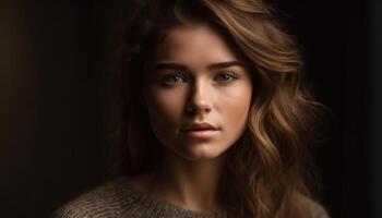 Young adult woman with brown hair looking confidently at camera photo