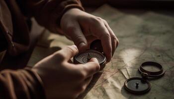 One man holding map, pointing direction for exploration and adventure photo