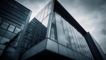 Futuristic skyscraper facade reflects blue sky in modern architecture design photo