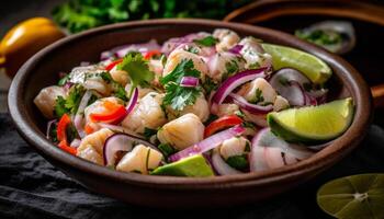 Fresco ensalada cuenco con A la parrilla pescado filete y aguacate rebanada generativo ai foto