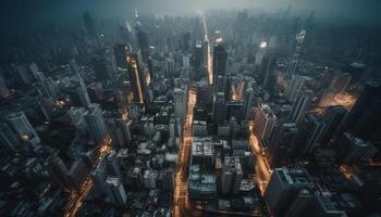 Skyscraper cityscape at night, high angle view of modern architecture photo