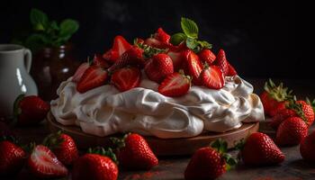 Fresh berry pavlova with whipped cream and mint leaf decoration photo