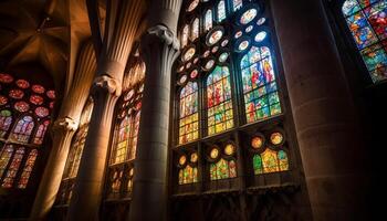 Majestic gothic basilica with stained glass windows and illuminated altar photo