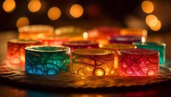 Glowing candlelight illuminates vibrant symbols of peace in Hindu ceremony photo