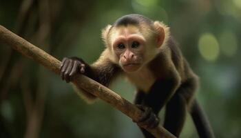 Small monkey sitting on branch, looking at camera in forest generated by AI photo