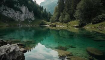 Green mountain range reflects in tranquil pond, beauty in nature generated by AI photo