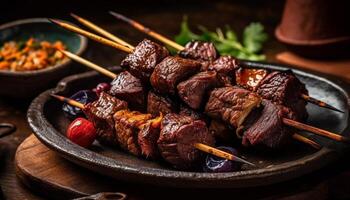 Grilled meat skewers on wood plate, cooked to perfection generated by AI photo