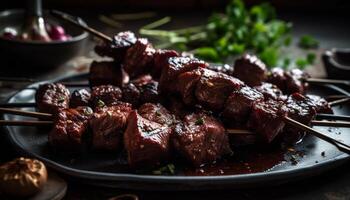 Grilled beef skewer on a plate, cooked to perfection outdoors generated by AI photo