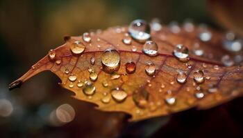 Shiny leaf vein reflects vibrant colors of wet autumn forest photo