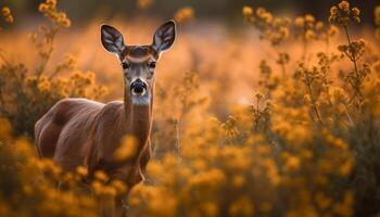 Horned deer standing in meadow, looking at camera at sunset photo