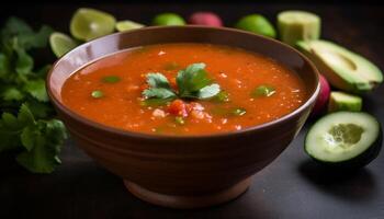 Fresh vegetarian gazpacho, a healthy summer snack with organic ingredients generated by AI photo