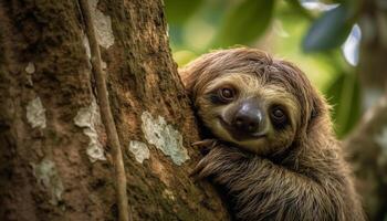 Fluffy lemurs sitting on tree branches in tropical rainforest generated by AI photo