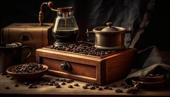 Freshly ground coffee in an old fashioned grinder on rustic table photo