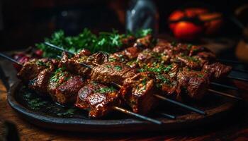 A la parrilla carne brochetas en de madera palos, un gastrónomo aperitivo generado por ai foto