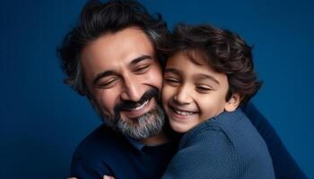 sonriente familia abraza amar, felicidad, y unión en retrato estudio generado por ai foto