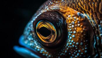 amarillo lagartija ojo en enfocar, rodeado por vistoso submarino arrecife generado por ai foto