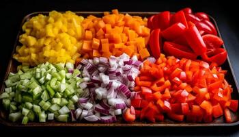 vibrante colores de Fresco vegetales Cortado para sano vegetariano ensalada generado por ai foto