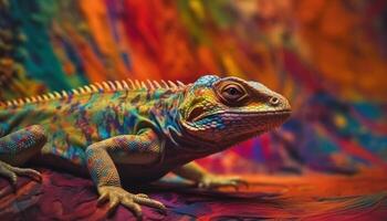 Vibrant gecko scales in multi colored forest, close up portrait generated by AI photo