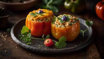 Fresh vegetarian appetizer Grilled tomato and pepper on organic plate generated by AI photo