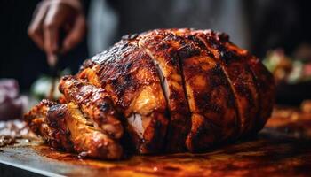 Grilled meat plate with barbecue chicken, pork, and vegetables generated by AI photo