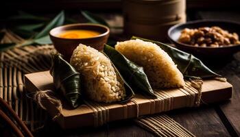 Homemade rice bowl, fresh and healthy, with organic ingredients generated by AI photo