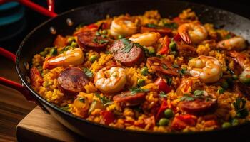 Healthy seafood paella cooked with saffron rice and fresh vegetables generated by AI photo