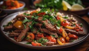 Grilled steak and vegetable plate, fresh and healthy eating generated by AI photo