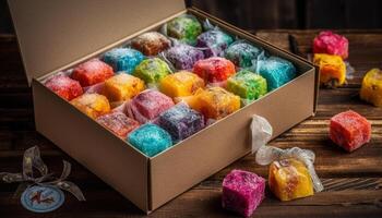 Indulgent levitation of gourmet sweets in multi colored container gift box generated by AI photo