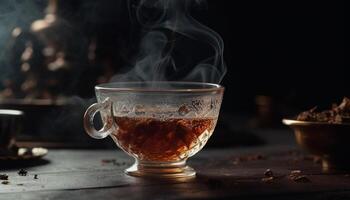 de madera mesa sostiene de fumar caliente café taza, whisky y cenicero generado por ai foto