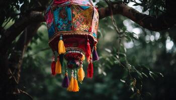 Traditional festival celebrates indigenous culture with colorful hanging decorations generated by AI photo