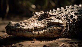 Crocodile resting in wet swamp, danger lurking in nature heat generated by AI photo